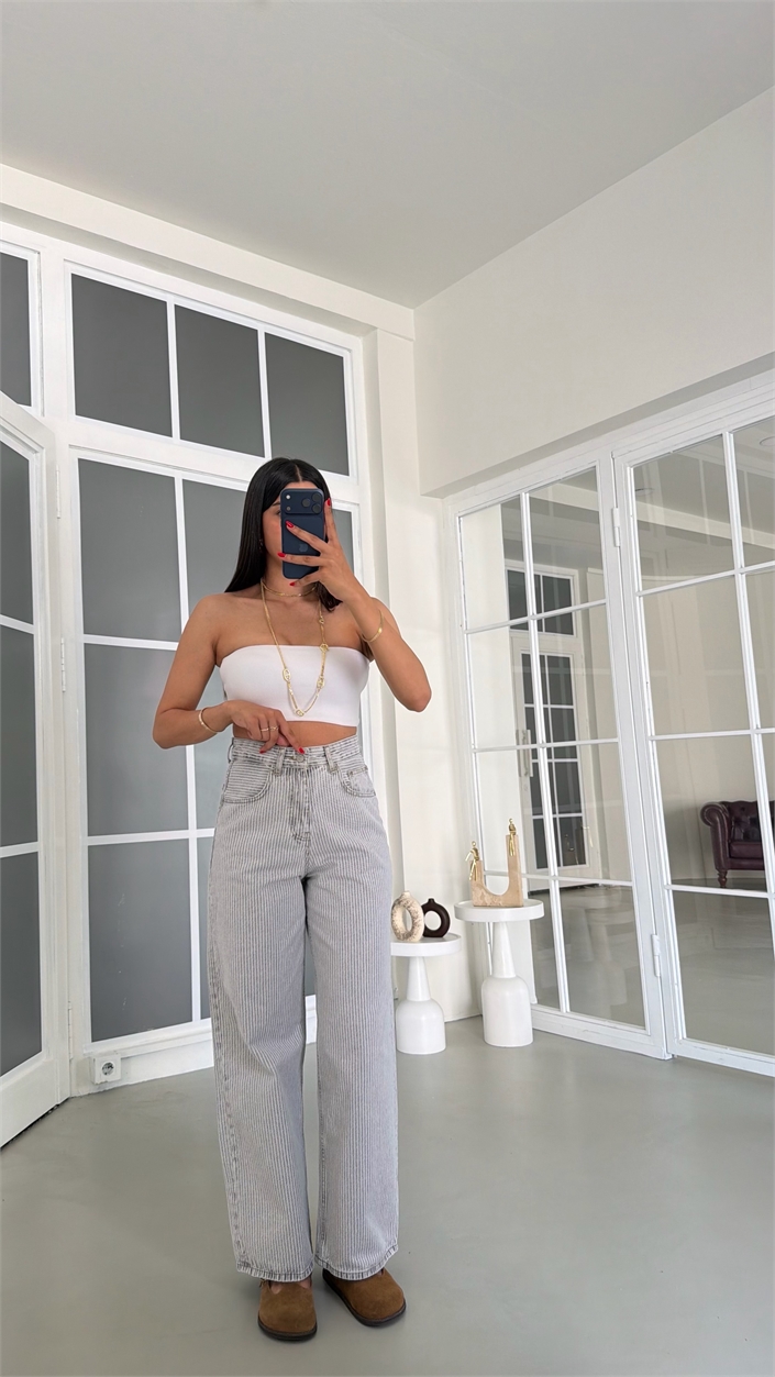 Gri Çizgi Detaylı Gömlek Pantolon İkili Denim Takım GAUS-01882