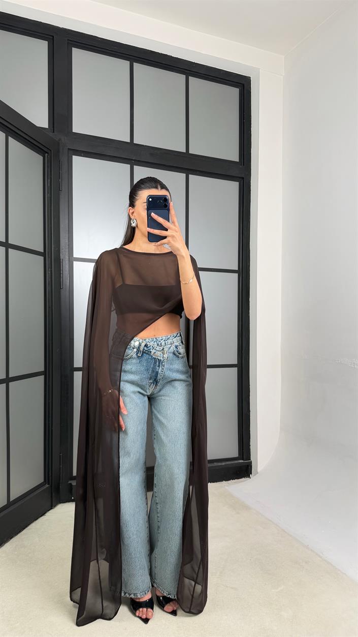 Acı Kahve Şifon Maxi Boy Pelerin GAUS-01457