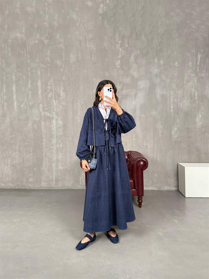 Selene Lacivert Bağlamalı Üst Etek Denim Takım