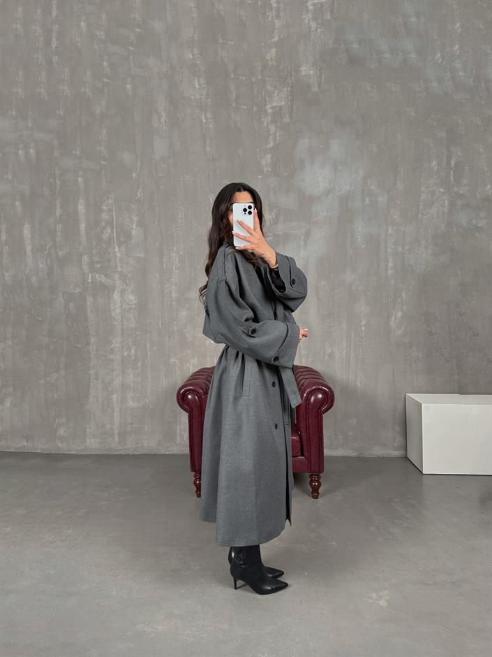 Telsa Antrasit Kuşaklı Poliviskon Astarlı Premium Trençkot 