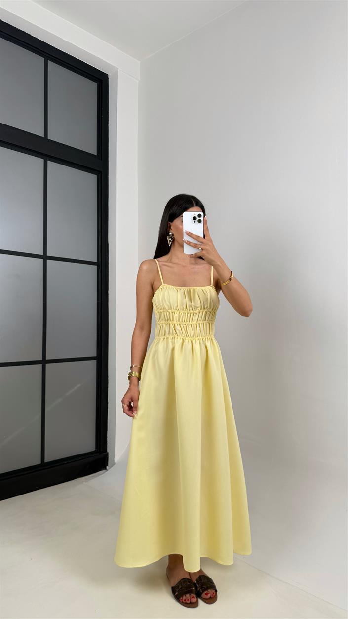 Sarı Ayarlanabilir Askılı Gipeli MD Muadil Tencel Elbise Gaus00617