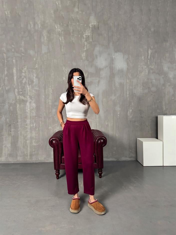 Weld Bordo Arkası Lastikli Cepli Harem Pantolon