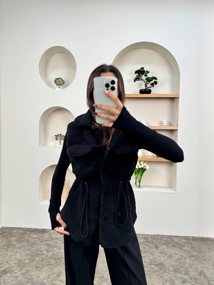 Mude Siyah Belden Lastikli Yumoş Yelek