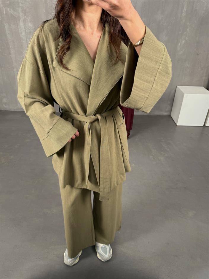Sansa Haki Kuşaklı Keten Kimono Takım