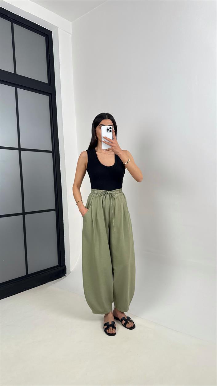 Haki Beli Lastikli Cepli Balon Keten Pantolon Gaus00391