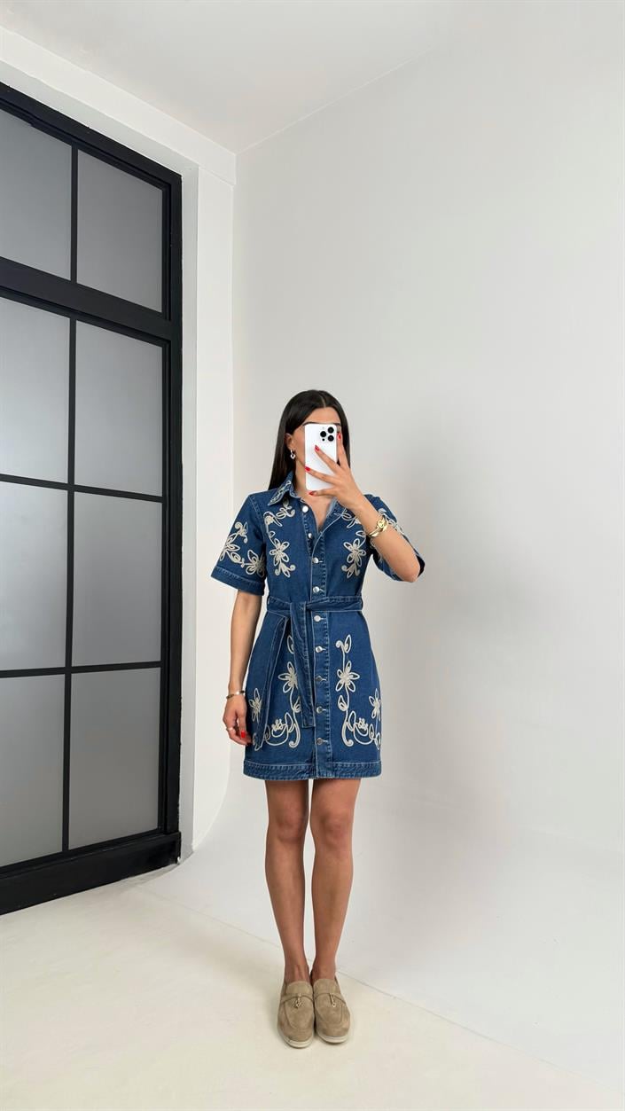Lacivert Nakışlı Kuşaklı Tasarım Denim Elbise Gaus00470