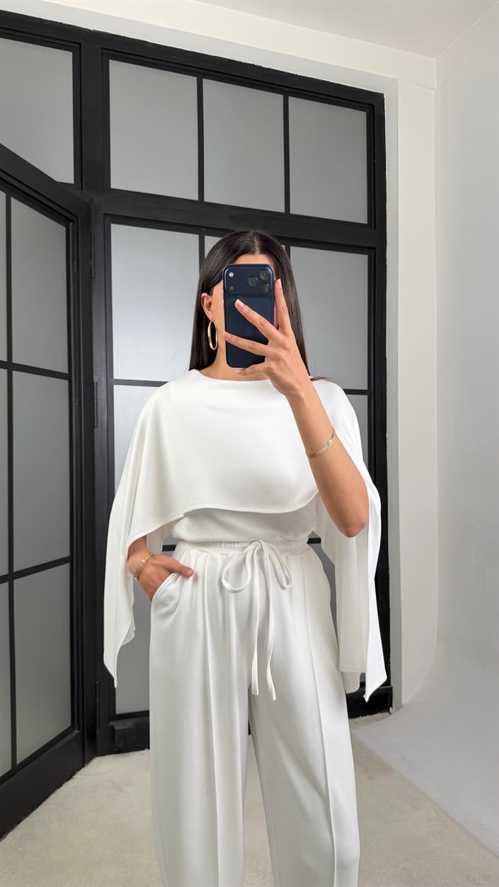 Beyaz Pelerin Detaylı Bluz Beli Lastikli Pantolon İkili Tasarım Modal Takım GAUS-01499