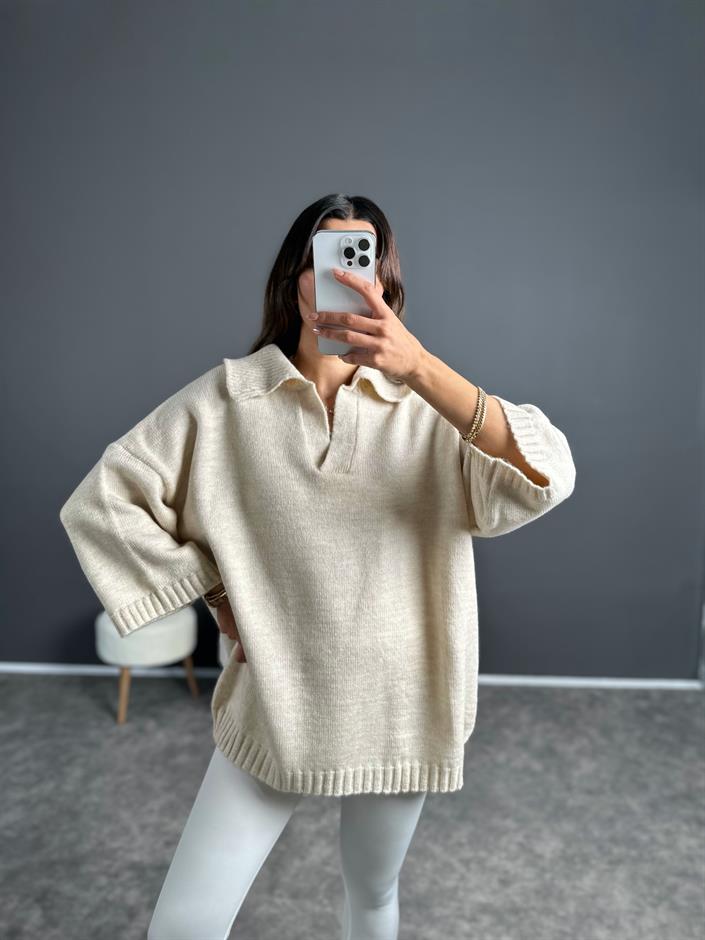 Doi Krem Polo Yaka Triko Oversize Kazak