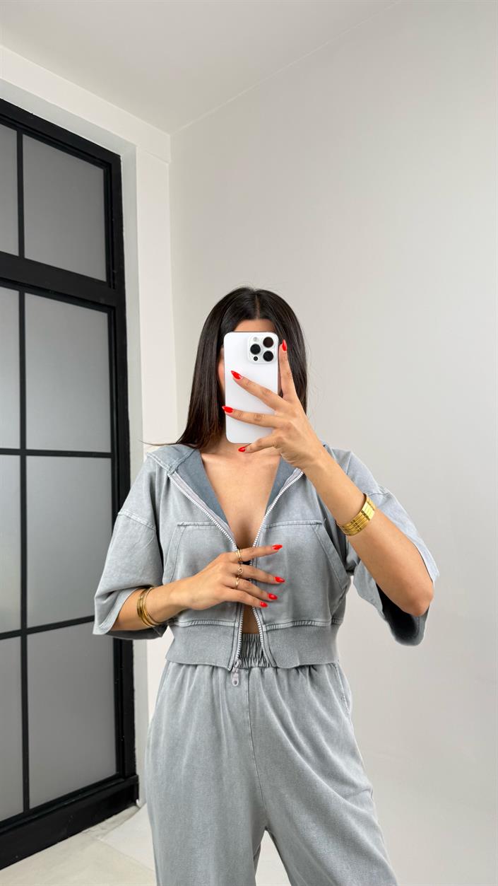 Gri Yıkama Desenli Kapüşonlu Crop Hırka Beli Lastikli Pantolon İkili Premium Takım GAUS-0063