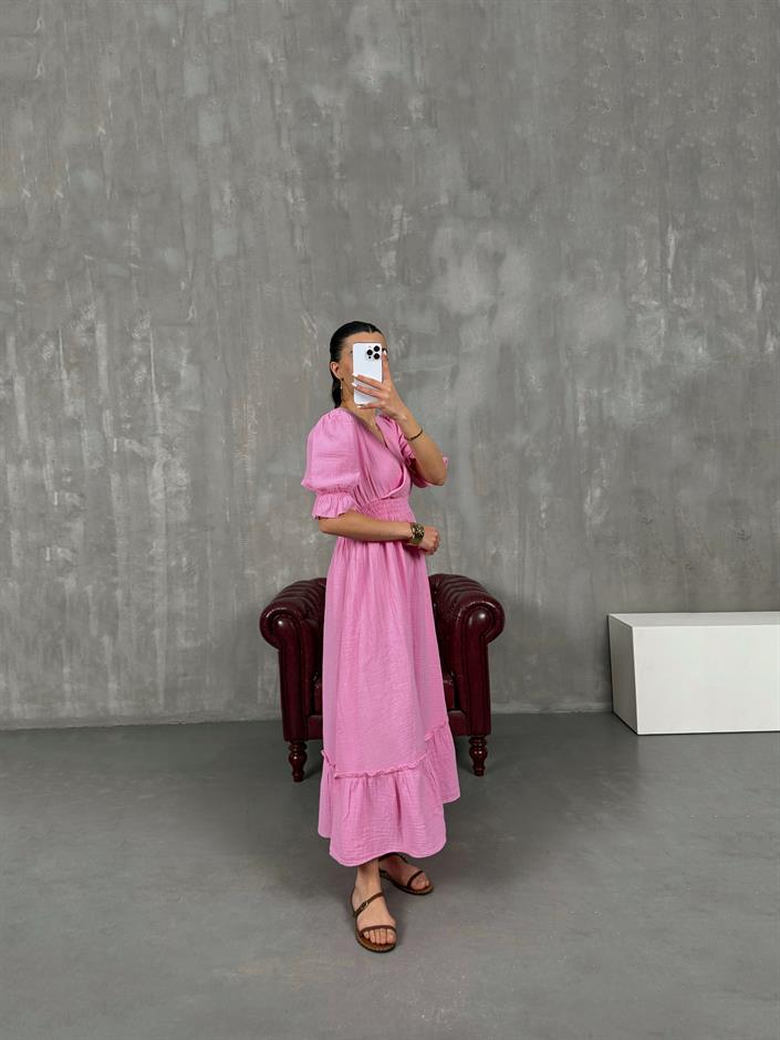 Pembe V Yaka Beli Lastikli Büzgülü Müslin Pinterest Elbise Gaus00022