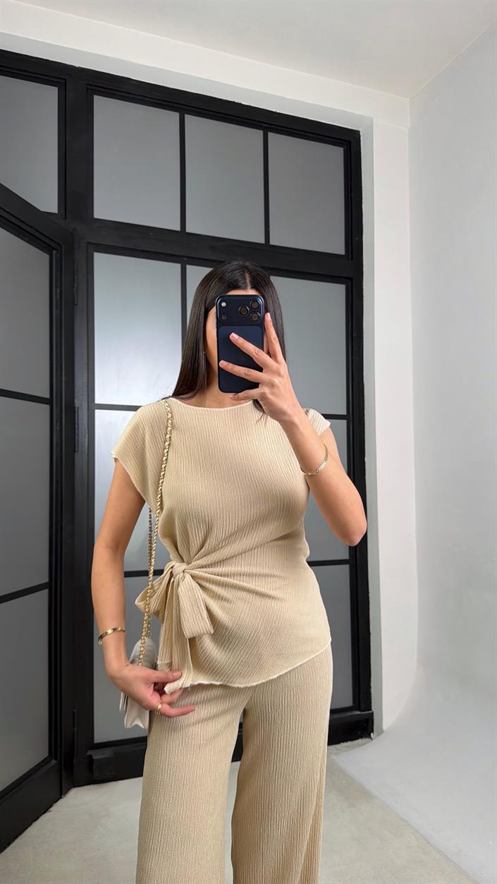 Bej Bağlama Detaylı Bluz Beli Lastikli Pantolon Krinkıl Kumaş Takım GAUS-01308