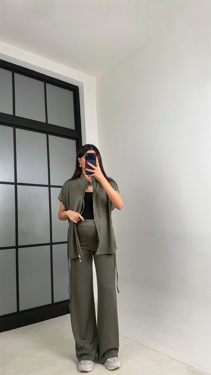 Haki Beli Lastikli Hırka Pantolon Taşlı Modal Takım GAUS-01064