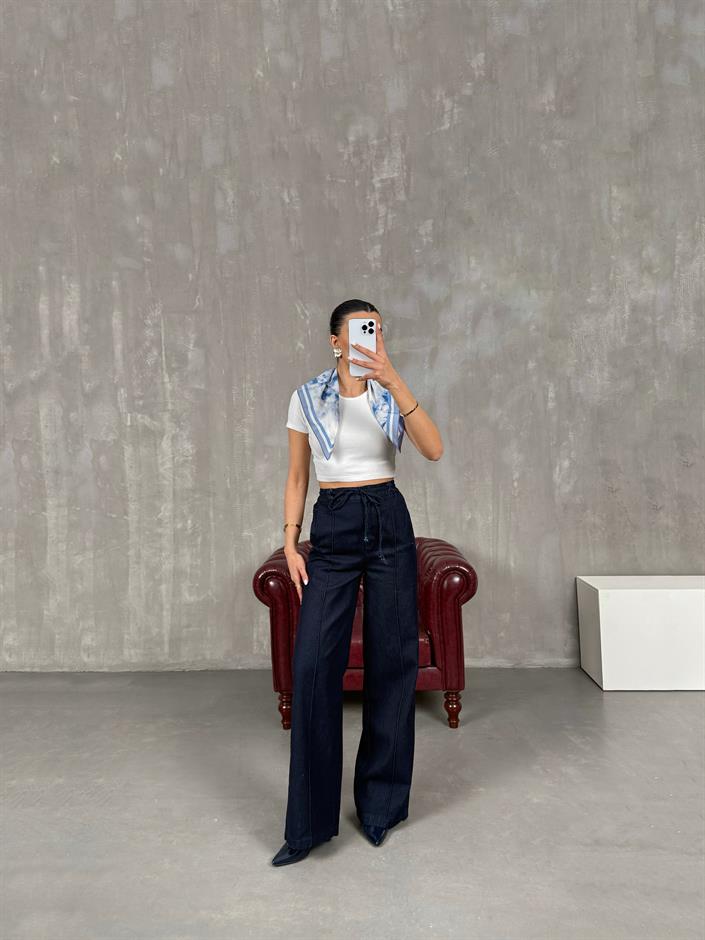 Lacivert Çımalı Beli Lastikli Bağlamalı Denim Pantolon Gaus00033