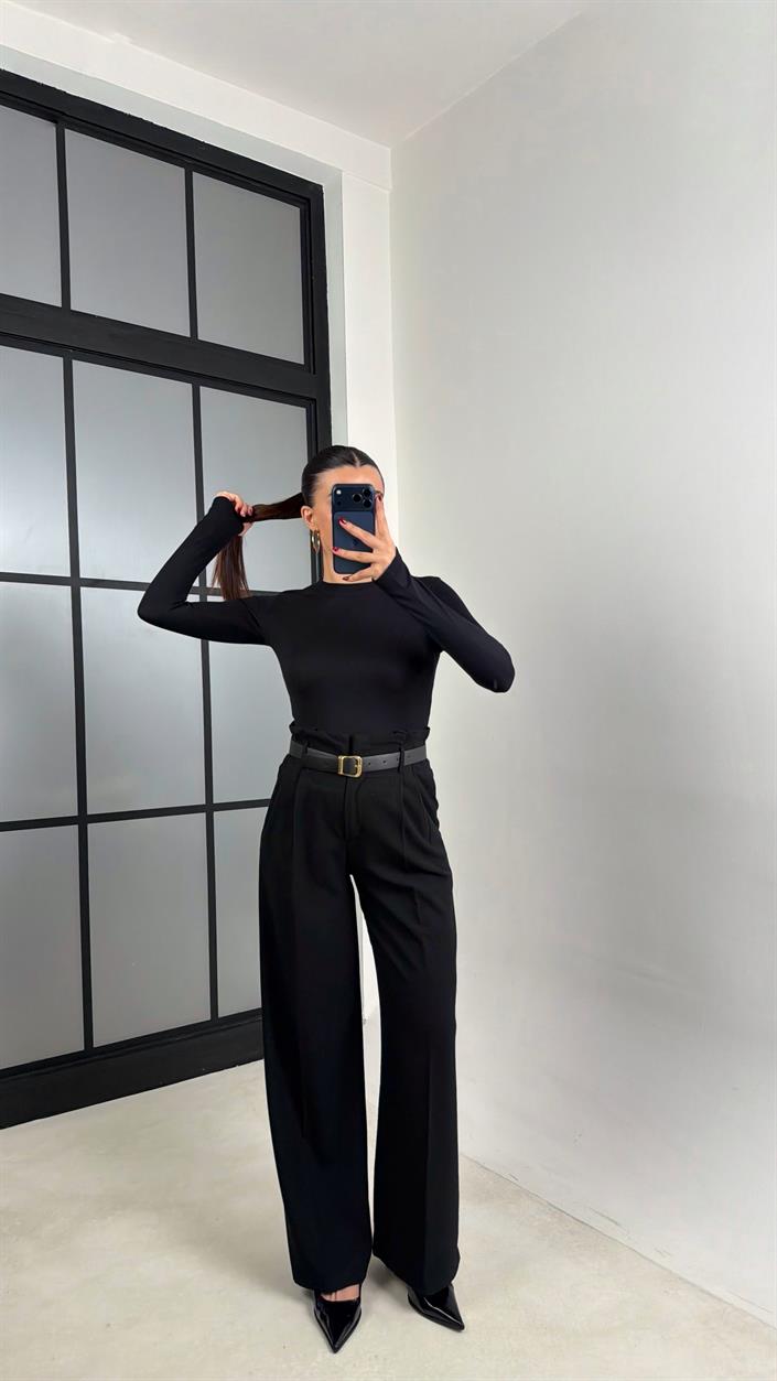 Siyah Pile Detaylı Kemerli Kumaş Pantolon GAUS-00695