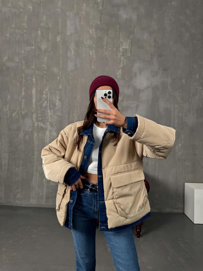 Jovi Taş Denim Detaylı Astarlı Tasarım Şişme Mont