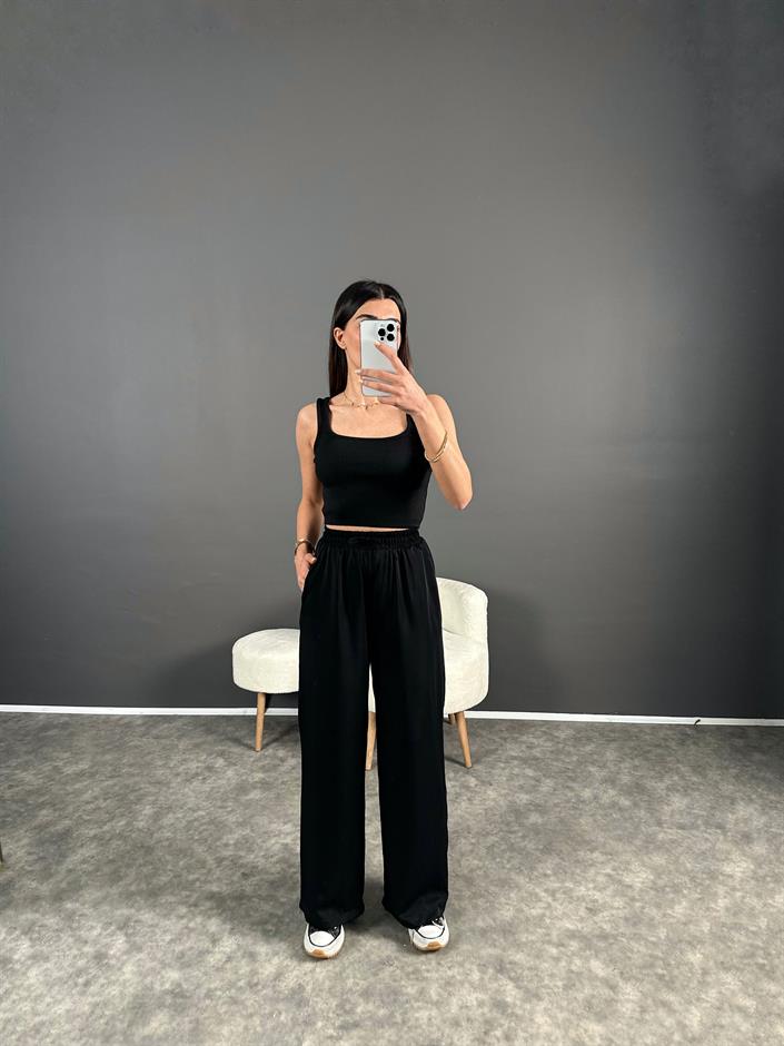 RY Siyah Saten Beli Lastikli Pantolon 