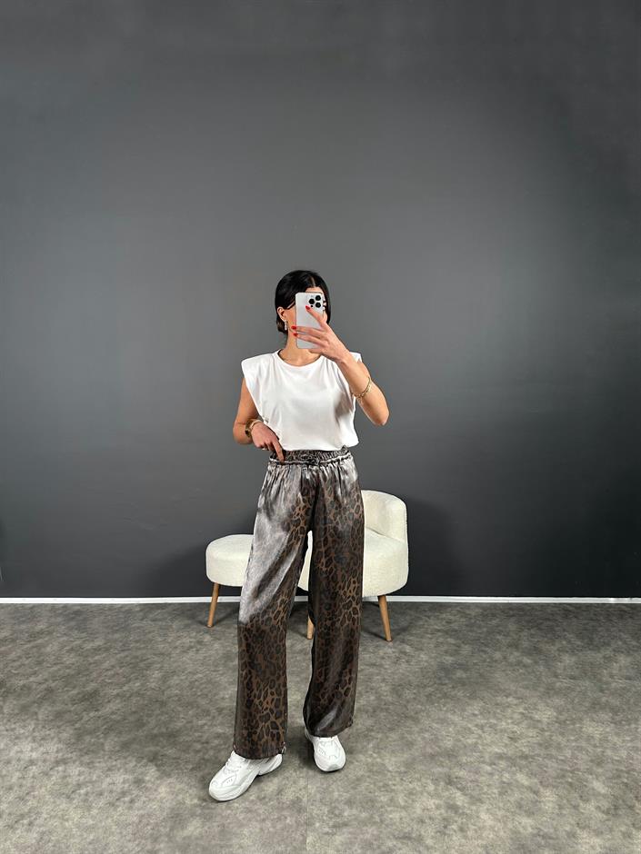 Armes Kahve  Leoparlı Parlak Saten Pantolon 