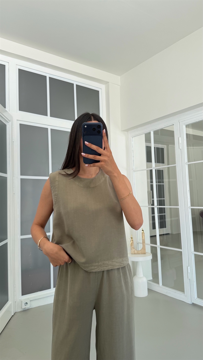 Haki Bluz Beli Lastikli Pantolon Yıkamalı Tencel Takım GAUS-01795