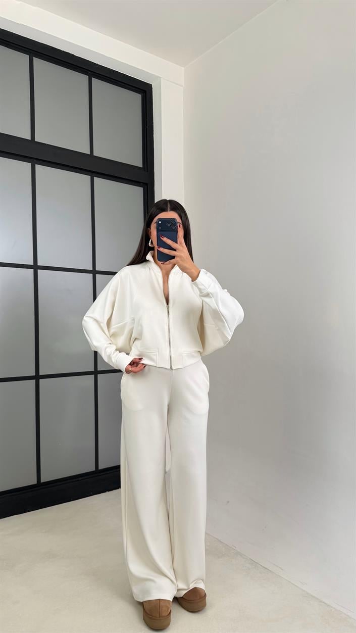 Ekru Fermuarlı Hırka Beli Lastikli Pantolon Modal Takım GAUS-00665