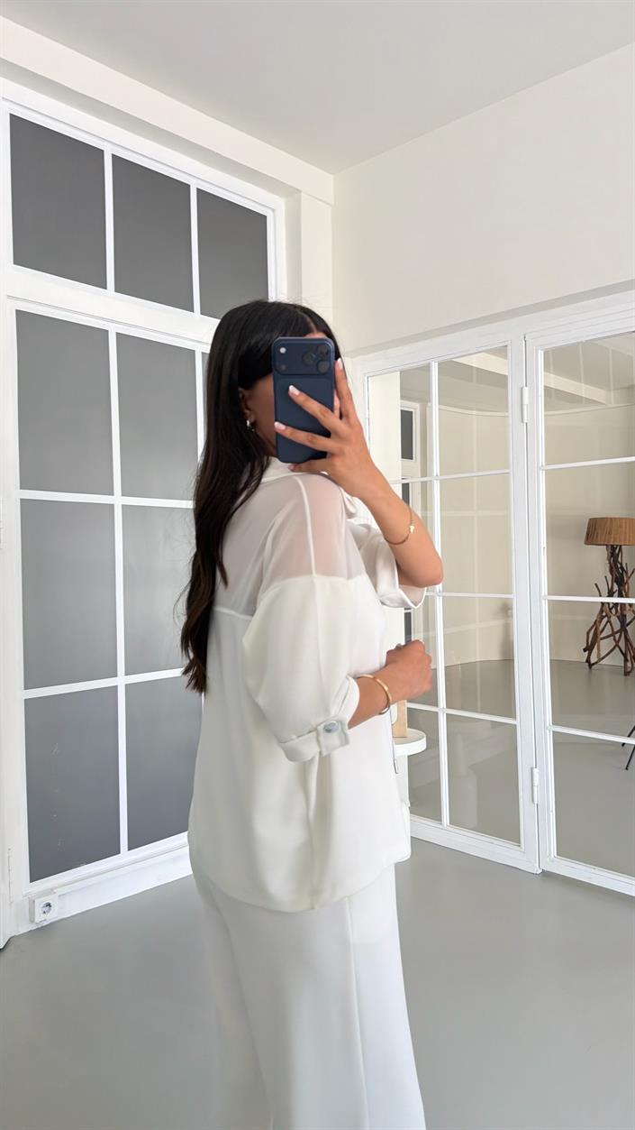 Beyaz Fileli Hırka Beli Lastikli Pantolon İkili Modal Takım GAUS-01640