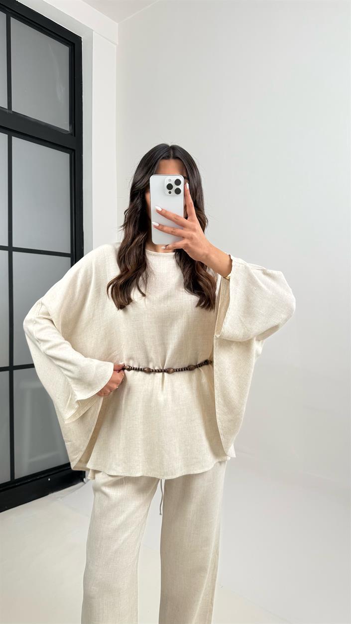Taş Boncuk Kuşaklı Bağlamalı Panço Üst Pantolon İkili Keten Takım Gaus00338