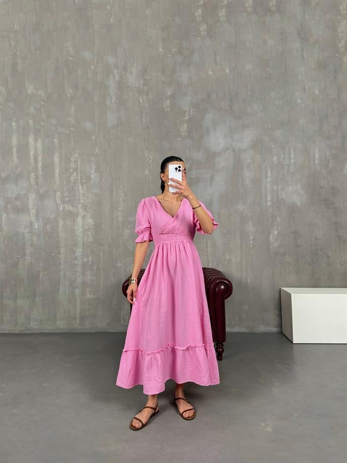 Pembe V Yaka Beli Lastikli Büzgülü Müslin Pinterest Elbise Gaus00022