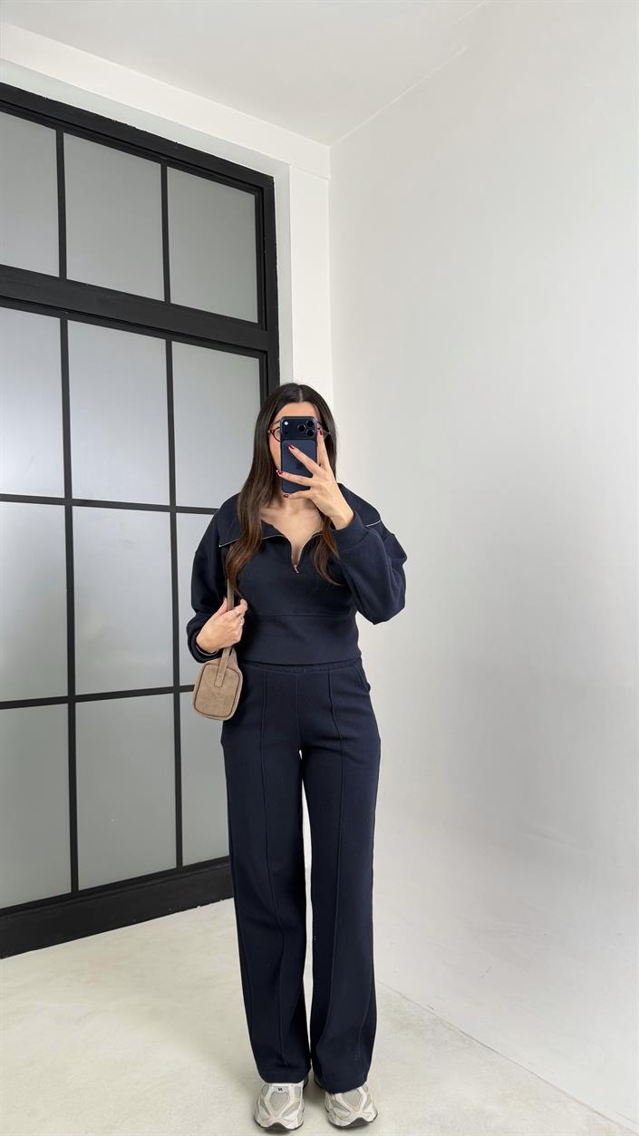 Lacivert Fermuarlı Kazak Beli Lastikli Pantolon İkili Selanik Kumaş Takım GAUS-00781