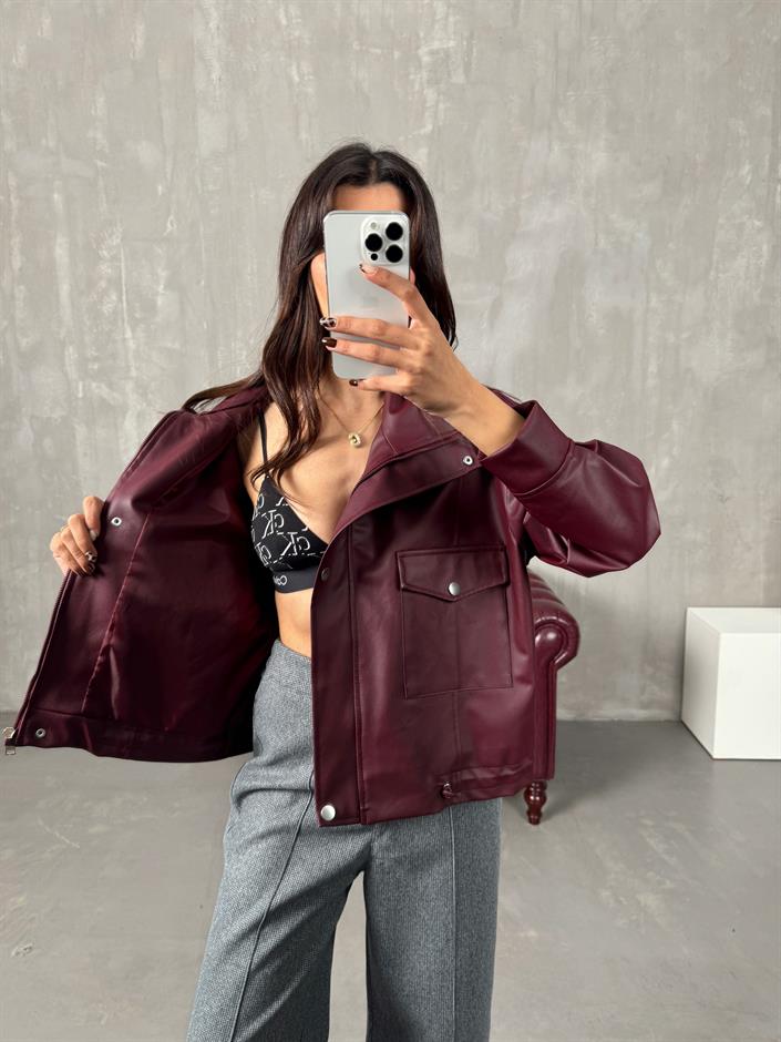 Julya Bordo Cepli Fermuarlı Astarlı Deri Ceket