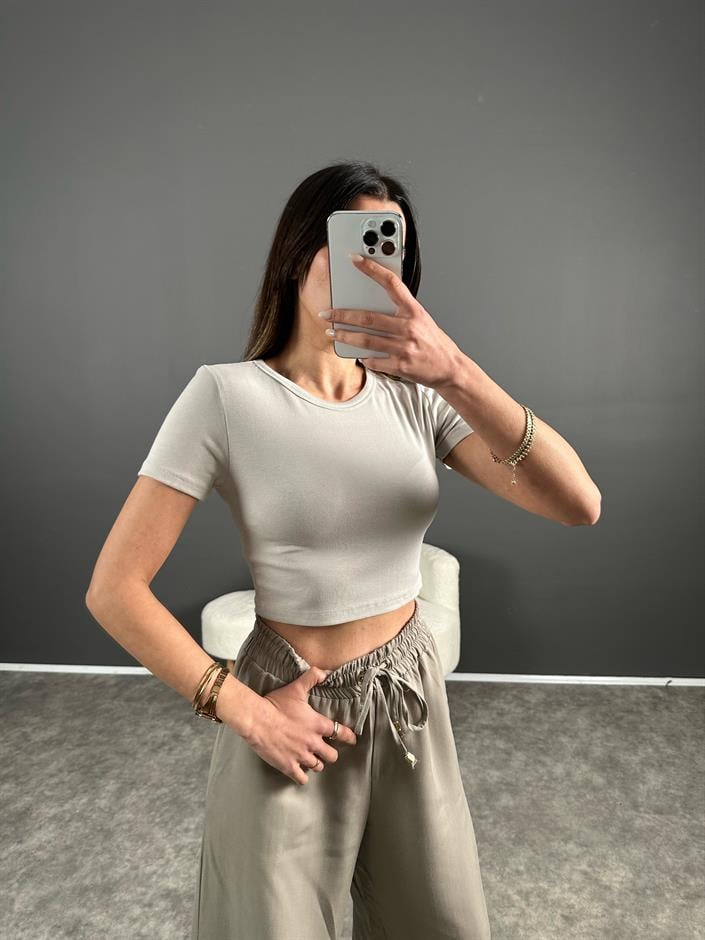 Ales Açık Gri Crop Basic Tshirt