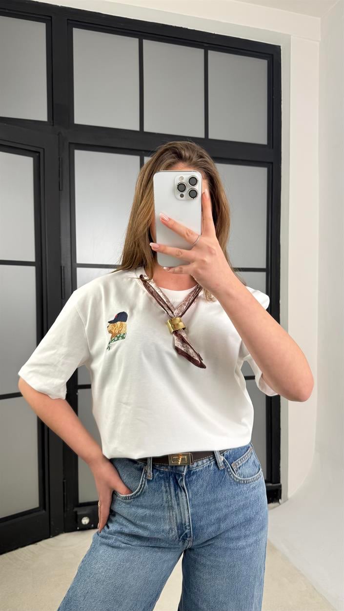 Ekru Fularlı Basic Tshirt GAUS-01180