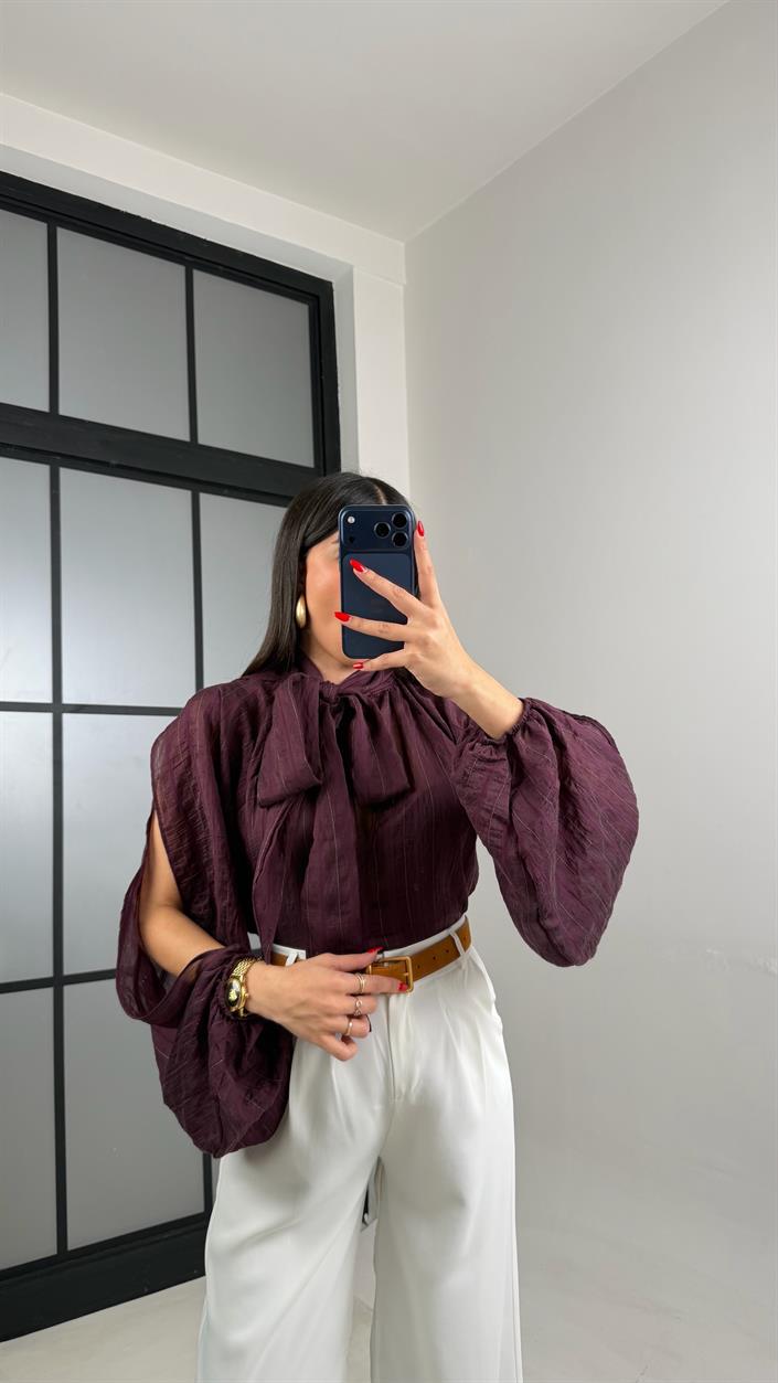 Mürdüm Balon Kol Şifon Gömlek GAUS-01048