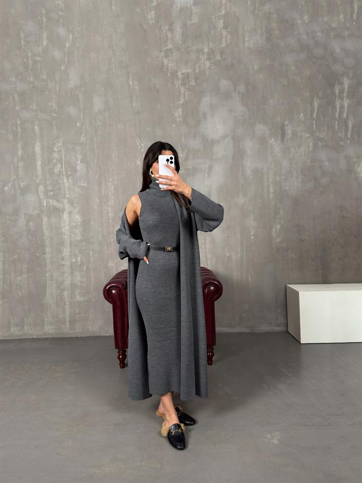 Sores Antrasit Balıkçı Yaka Yandan Yırtmaçlı Elbise Triko Hırka İkili Takım