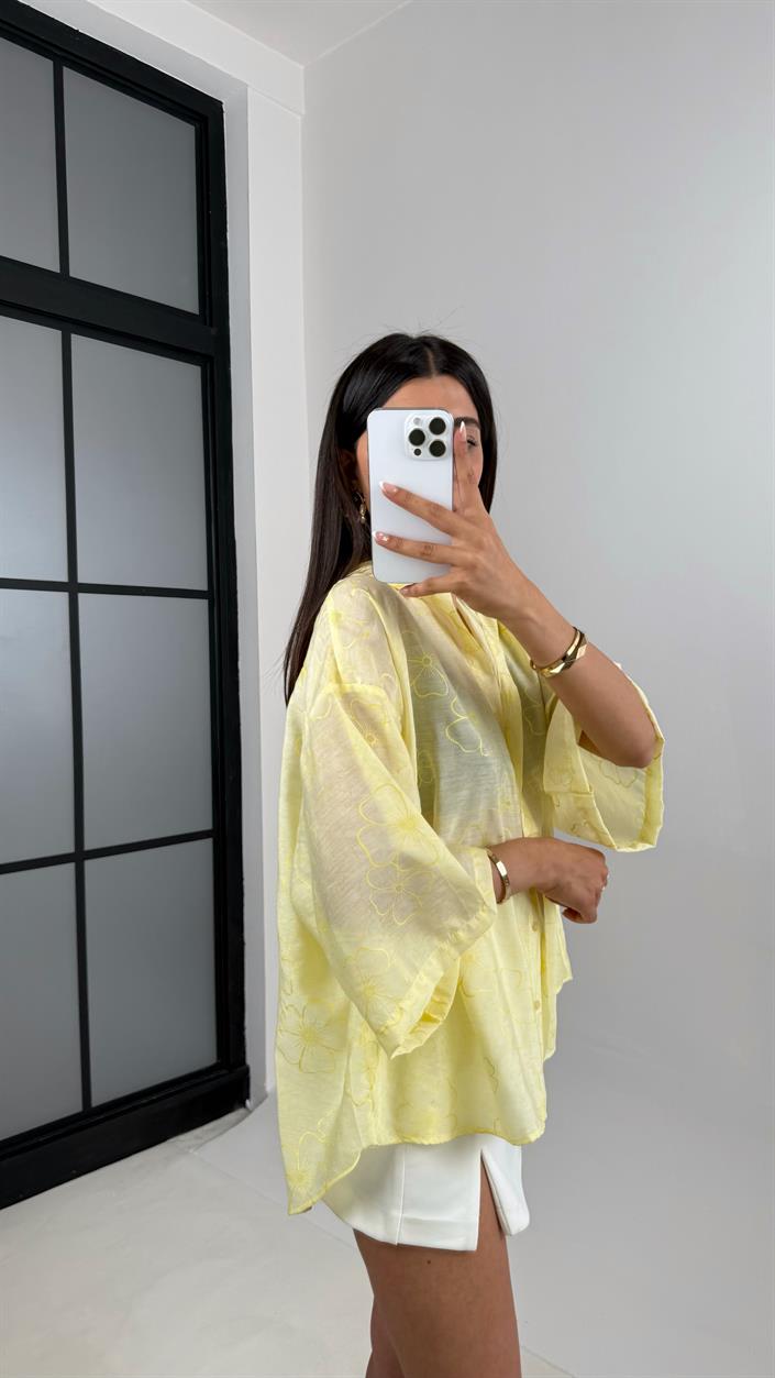 Sarı Çiçek Desenli Tencel Gömlek Gaus00544