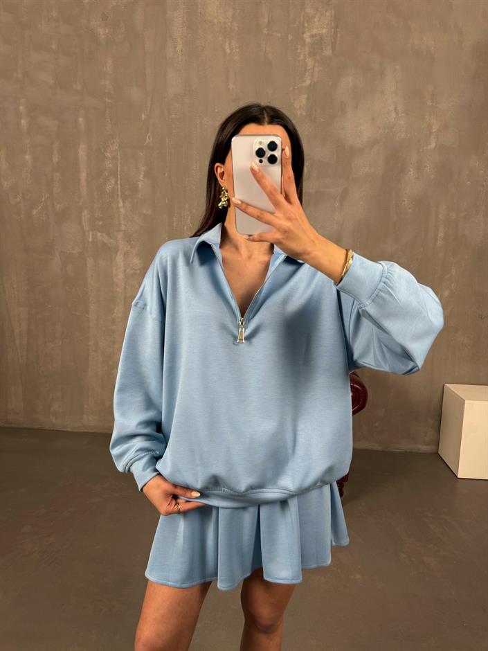 Mizu Mavi Yaka Fermuarlı Sweat Pileli Şortlu Etek Modal Takım