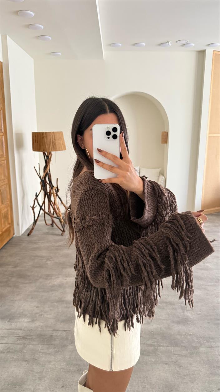Kahve Saçaklı Örme Triko Kazak GAUS-00134