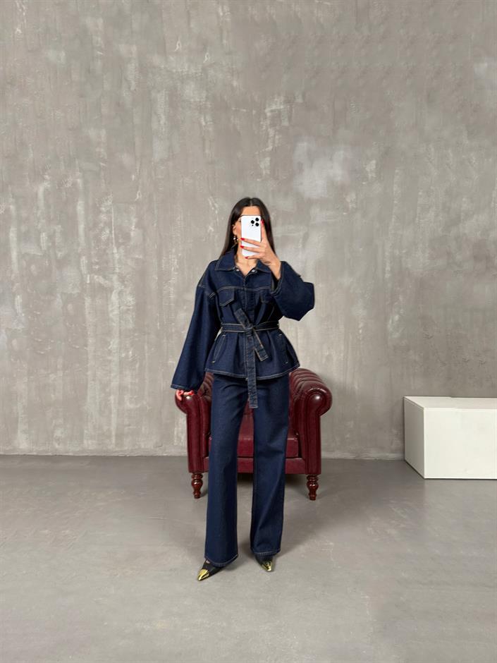 Vanola Lacivert Belden Kuşaklı Tasarım Premium Denim Takım 