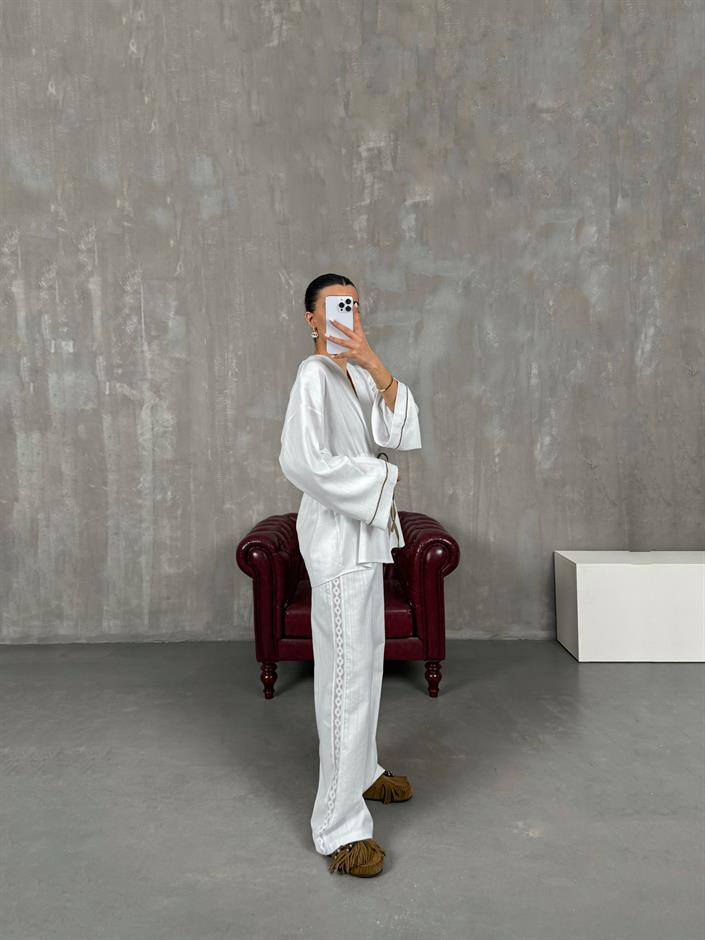 Beyaz Bağlamalı Keten Kimono Takım Gaus00034