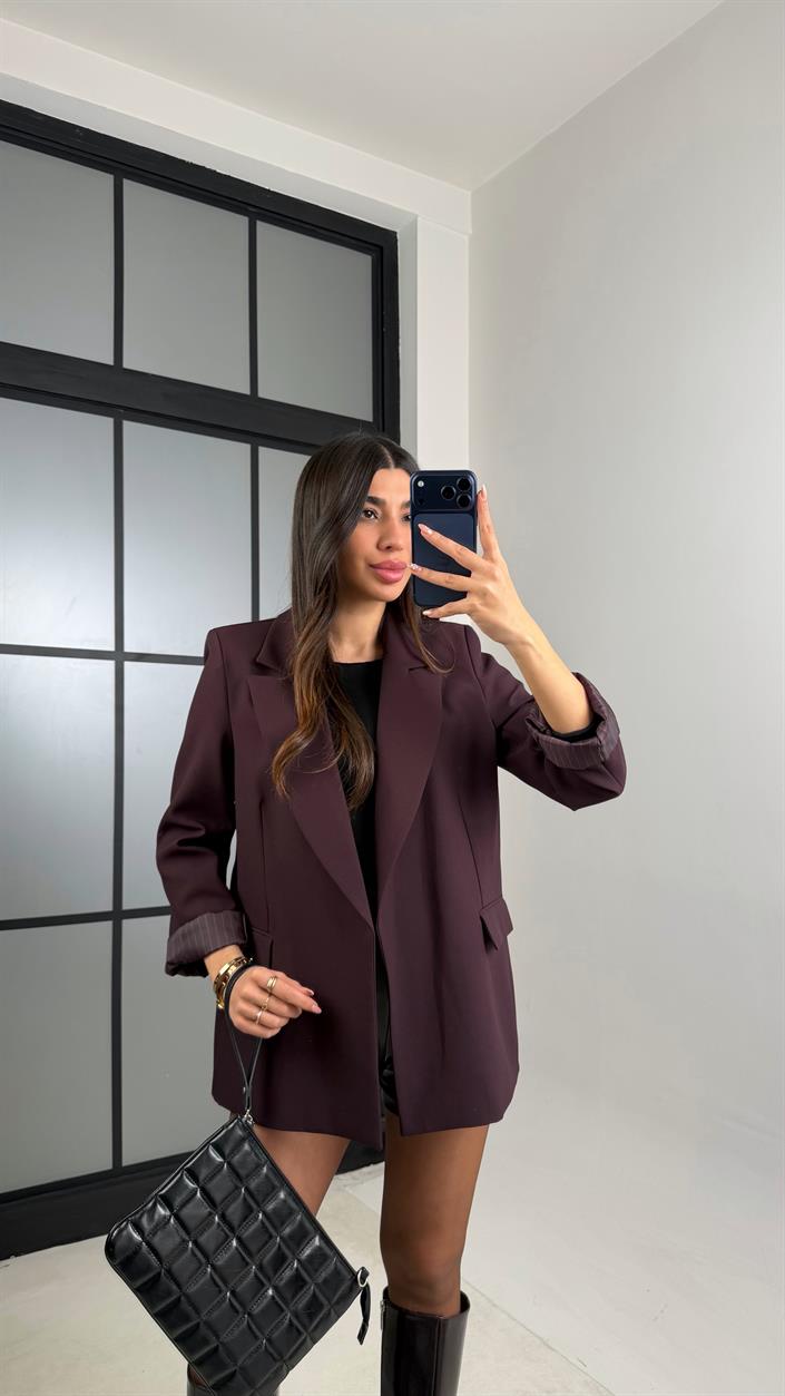 Mürdüm Astarlı Vatkalı Cep Detaylı Blazer Ceket GAUS-00850