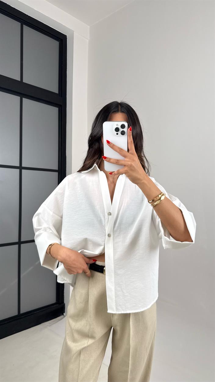 Beyaz Kol Katlamalı Tencel Gömlek Gaus00512