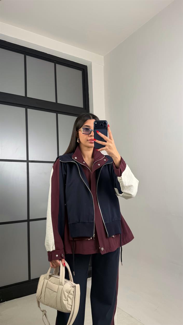 Bordo Garnili Ceket Beli Lastikli Pantolon İkili Tasarım Takım Gaus-00699 Gaus-01024