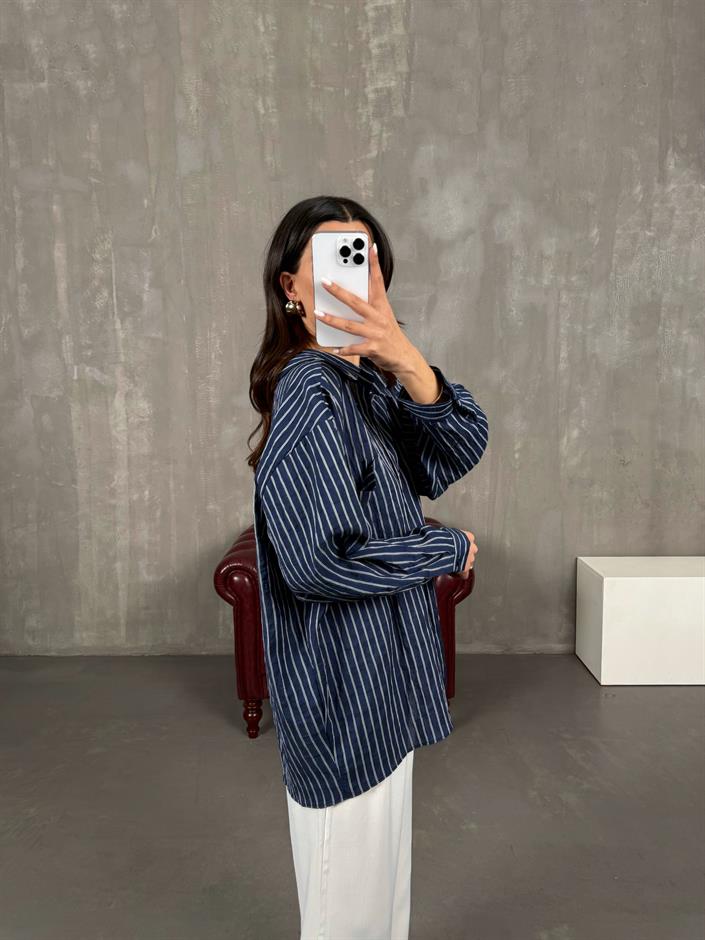 Lacivert Çizgili Oversize Gömlek Gaus0004