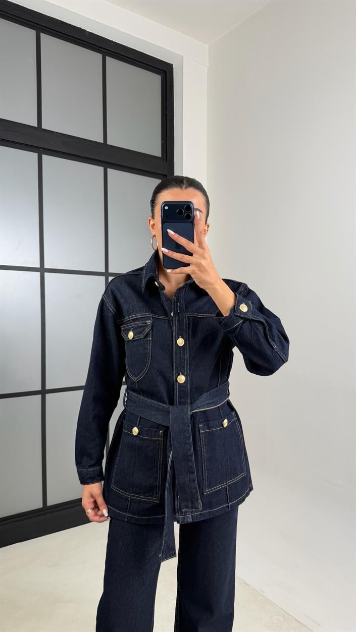Lacivert Uzun Gold Düğmeli Tasarım Ceket Pantolon Denim Takım GAUS-00586