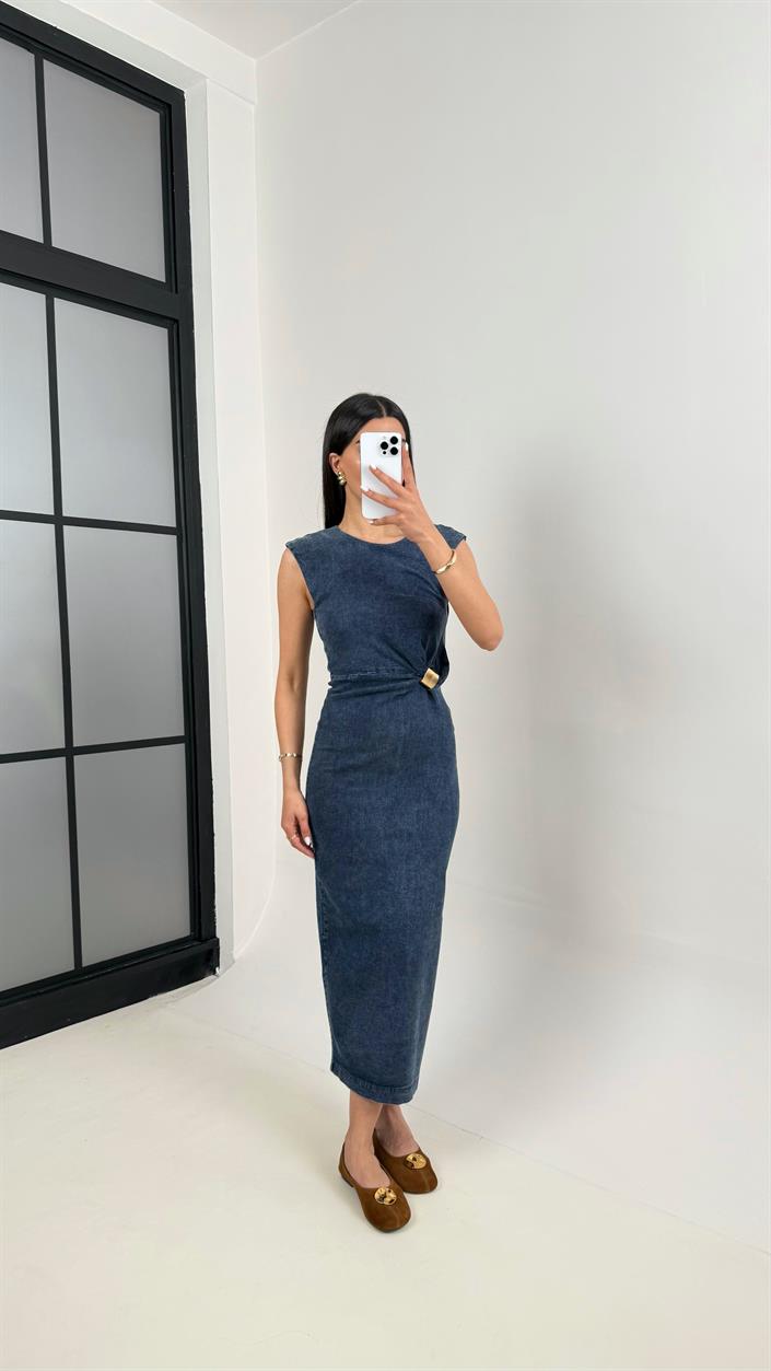 Mavi Yıkamalı Gold Detaylı Yırtmaçlı Likralı Denim Elbise DNM01 Gaus00375