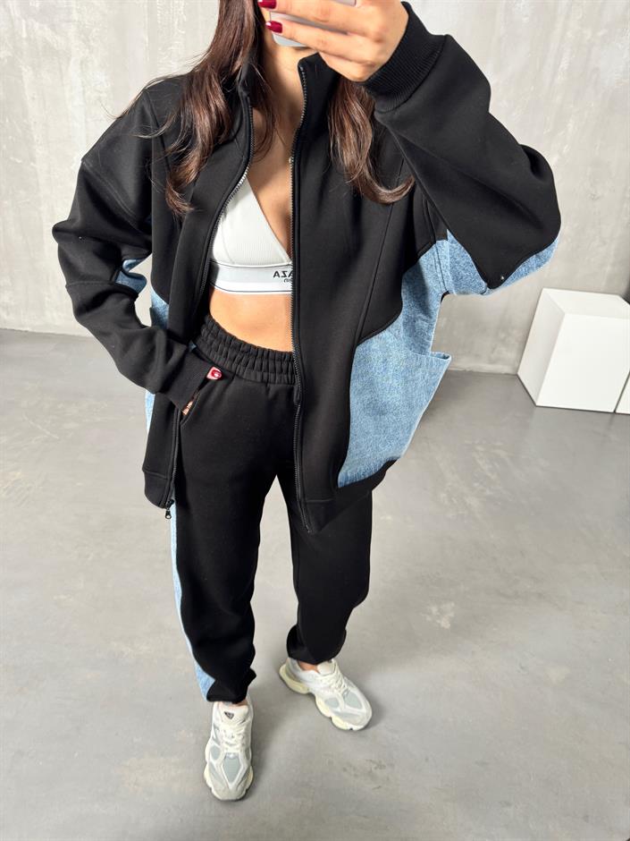 Lome Siyah Denim Karışımlı Şardonlu Oversize Takım