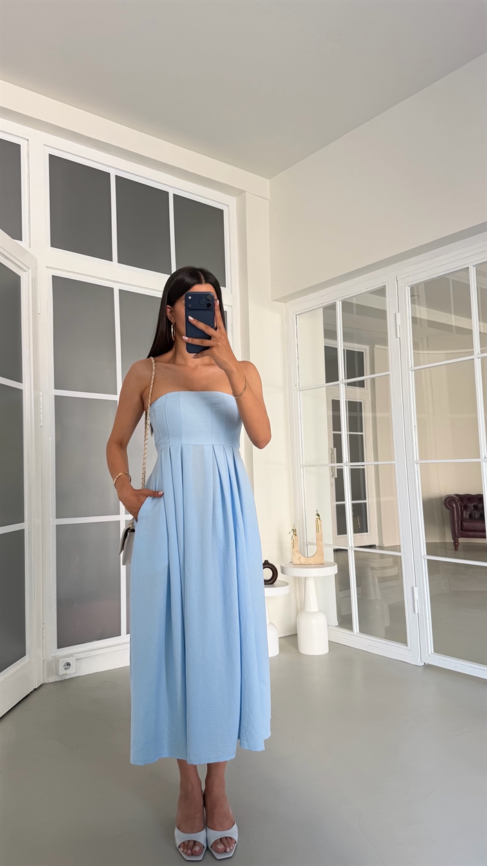Mavi Straplez Beli Lastikli Elbise GAUS-01746