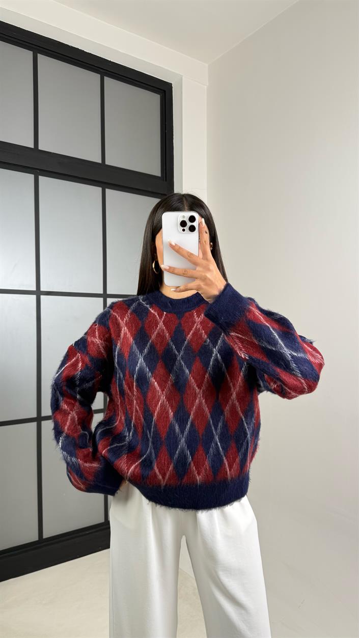 Bordo Baklava Desenli Yumuşak Dokulu Vintage Kazak GAUS-00558