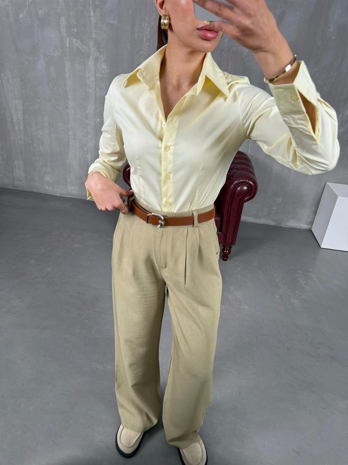 Yeşil Kemerli İthal Kumaş Palazzo Pantolon Gaus00090