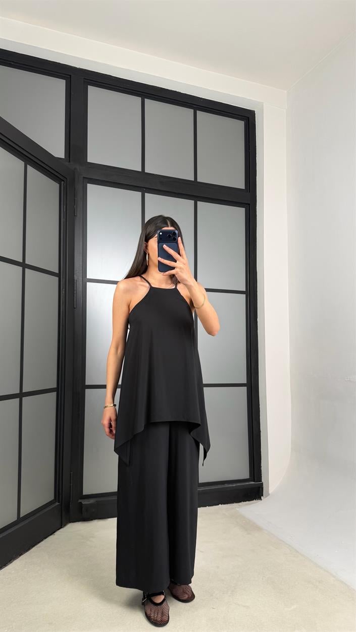 Siyah Örgü Askılı Tencel Tulum GAUS-01436