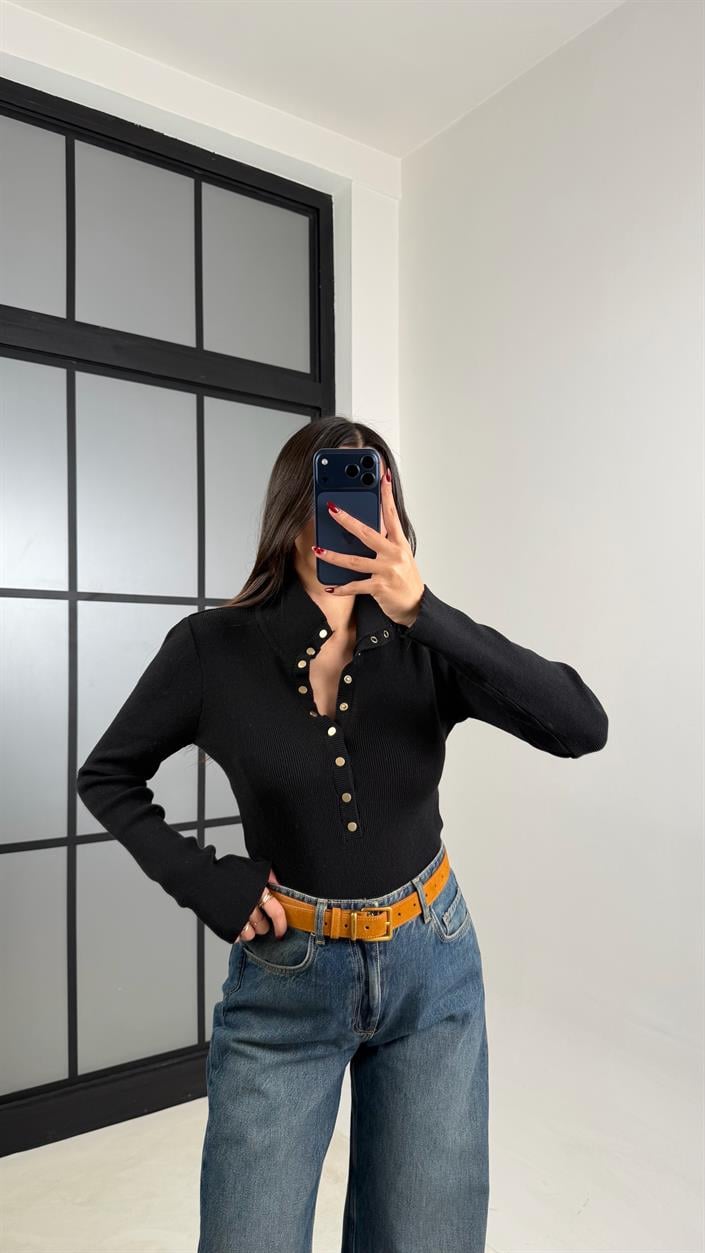 Siyah Çıtçıt Düğmeli Triko Kazak GAUS-00780