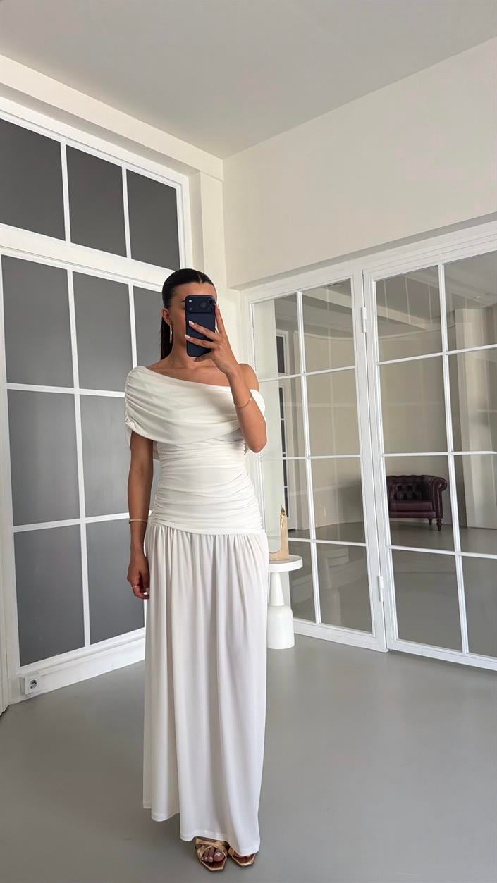 Ekru Drapeli Sandy Kumaş Elbise GAUS-01674